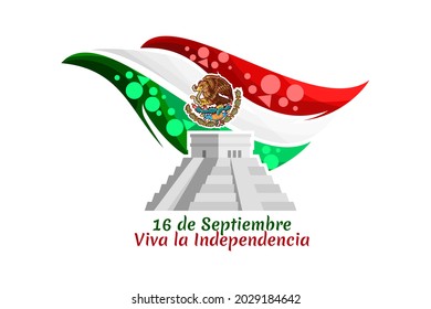 Traducción: 16 de setiembre, ¡Larga vida a la Independencia! Feliz Día de la Independencia de México. la festividad nacional de México Vector ilustración. Adecuado para tarjetas de felicitación, afiches y banner.