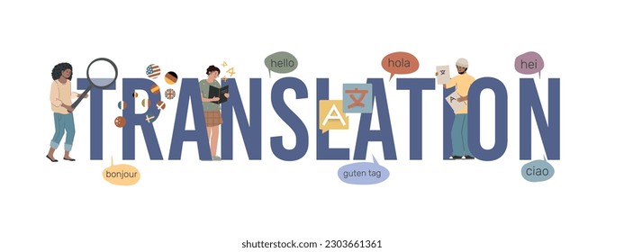 Translation service composition of flat text surrounded by doodle human characters with thought bubbles foreign languages vector illustration