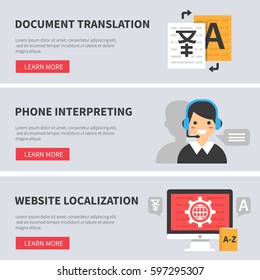 
Translation service concept banners. Document translation,  website localization, phone interpreting. Vector illustration.