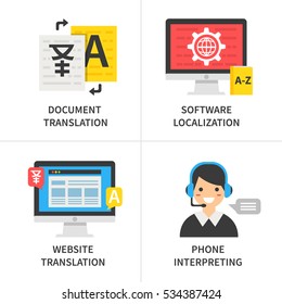 Translation Service Concept. Document Translation, Software Localization, Website Translation, Phone Interpreting. Vector Illustration.