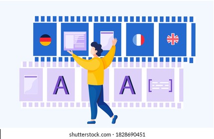 Concepto de servicio de traducción. diccionario multiidioma. Cursos en línea de idiomas en Internet. Un hombre parado cerca de una tira de película con hojas de papel y banderas europeas, entrenamiento de comunicación internacional