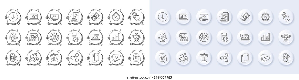 Servicio de traducción, Cursor e iconos de línea de gasolinera. Botones 3d de pin blanco, iconos de burbujas de chat. Paquete de caja de herramientas, portátil Graph, icono de App de premios. Lugar, Atracción, Modo de vuelo pictograma. Vector