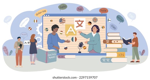 Translation service flat composition with computer window surrounded by people thought bubbles and stacks of books vector illustration