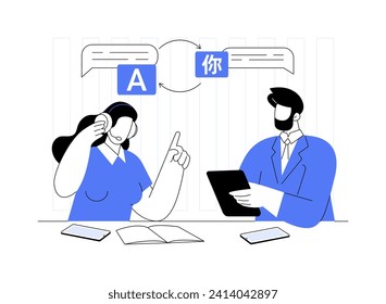 Translation service isolated cartoon vector illustrations. Professional synchronic translators at work, freelance job, small business, multilingual people, interpreter service vector cartoon.