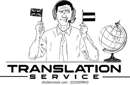 Translation service logo, man wearing headphones and holding different country flags, giving translation service, communication and technology concept vector clipart and illustration, 