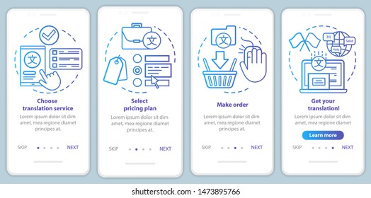 Translation service process blue onboarding mobile app page screen vector template. Select pricing plan. Walkthrough website steps with linear illustrations. UX, UI, GUI smartphone interface concept