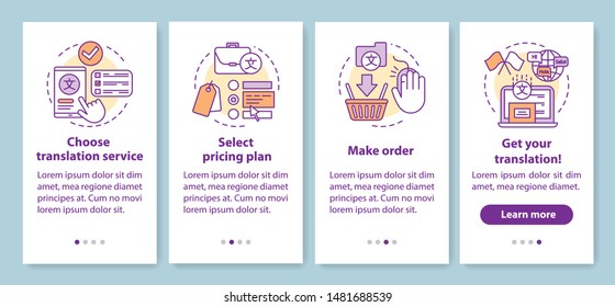 Translation service process onboarding mobile app page screen with linear concepts. Select pricing plan, make order walkthrough steps graphic instructions. UX, UI, GUI vector template with icons
