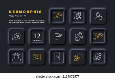 Translation service set icon. Hieroglyph, foreign language, online, phone, app, website, dictionary, operator, voice input, speech bubble. Technology concept. Neomorphism style. Vector line icon.