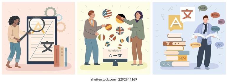 Translation service set of three square compositions with flat icons of gears letters books and people vector illustration
