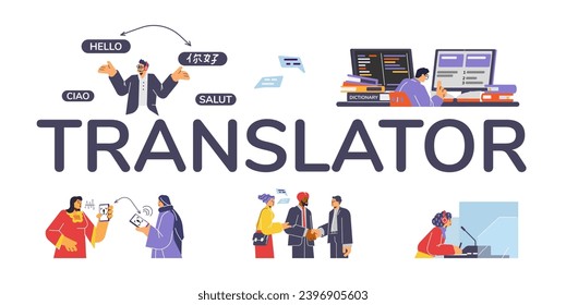 Translation service vector set with title translator. Online multi language translator app, translation using computer technology. Woman translator interpreting a conversation on international meeting