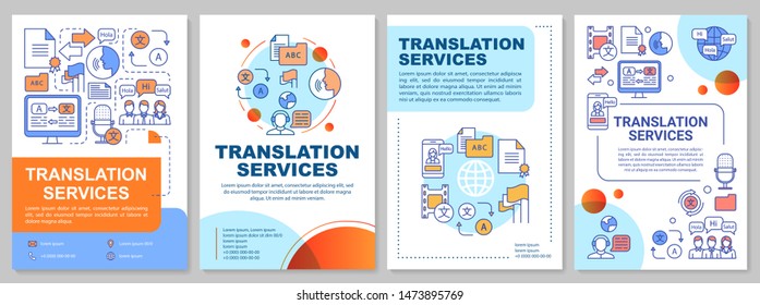 Translation services brochure template layout. Foreign language translation. Flyer, booklet, leaflet print design with linear illustrations. Vector page layouts for magazines, advertising posters