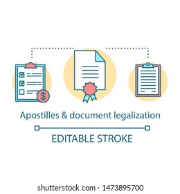 Translation services concept icon. Apostilles and document legalization idea thin line illustration. Legal paper and written text interpretation. Vector isolated outline drawing. Editable stroke