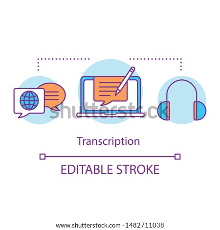 Translation services concept icon. Audio transcription idea thin line illustration. Writing down speech, recording conversation on paper, text file. Vector isolated outline drawing. Editable stroke
 