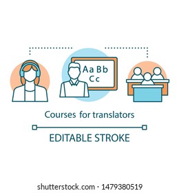 Translation services concept icon. Courses for translators idea thin line illustration. Interpreter professional training. Language learning class. Vector isolated outline drawing. Editable stroke