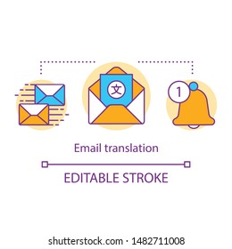 Translation services concept icon. Email translation idea thin line illustration. Online correspondence, business letters, messages interpretation. Vector isolated outline drawing. Editable stroke
