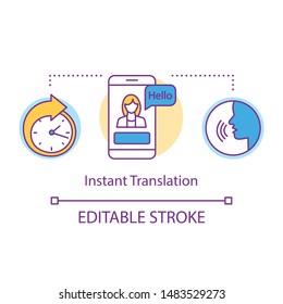 Translation services concept icon. Instant interpretation application idea thin line illustration. Instant translator, online interpreter. Vector isolated outline drawing. Editable stroke