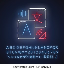 Translation services neon light icon. Instant audio translation. Online dictionary with sound. Audible pronunciation. Machine interpretation. Glowing alphabet, numbers. Vector isolated illustration