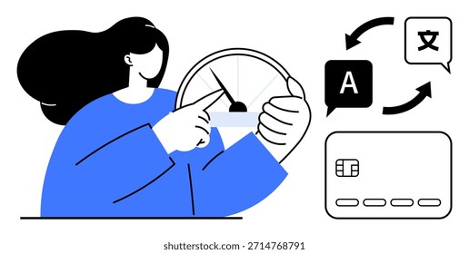 Serviços de tradução, sistemas de pagamento, comércio global, eficiência, comunicação multilingue, tecnologia. Mulher apontando para um dial e loops de tradução. Conceito de eficiência e serviços de tradução