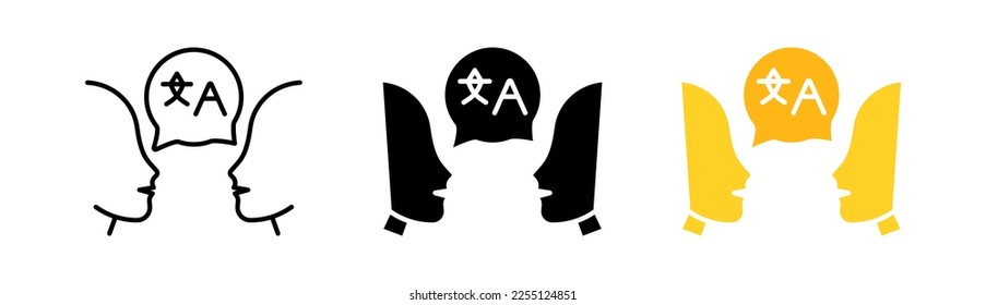 Translation services set icon. Translator, foreign language, interpreter, communication, travel, arrows, dictionary. Vector icon in line, black and colorful style on white background