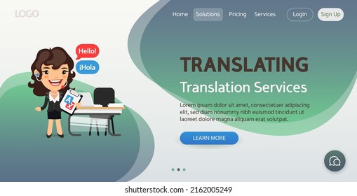 plantilla del sitio web de Servicios de traducción. Ilustración de un concepto de traductor de caricatura con una mujer de negocios dice hola parado frente al escritorio en el cargo. Composición con un profesional.