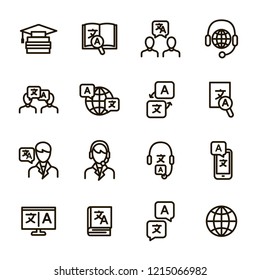 Translation Signs Black Thin Line Icon Set Include of Dictionary Book, Interpreter, Translator and Headset. Vector illustration of Icons