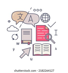 Translation signs, symbols, icons. International Translation Day background. Chat bubbles with language translation. Multilingual online translator. Translation app icon. Online translator