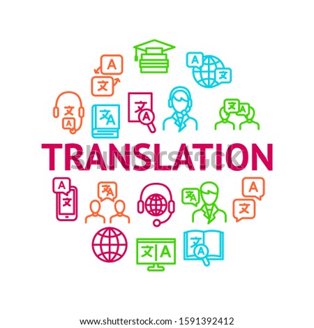 Translation Signs Thin Line Line Round Design Template Ad Include of Dictionary Book, Interpreter, Translator and Headset. Vector illustration of Icons