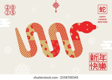 Translation - Snake and Happy Chinese new year. The red snake with Chinese pattern