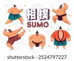 Translation : Sumo Wrestler Vector Illustration with Fighting Japanese Traditional Martial Art and Sport Activity in a Flat Style Cartoon Background