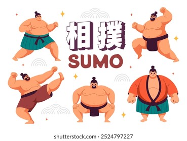 Translation : Sumo Wrestler Vector Illustration with Fighting Japanese Traditional Martial Art and Sport Activity in a Flat Style Cartoon Background