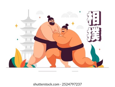 Translation : Sumo Wrestler Vector Illustration with Fighting Japanese Traditional Martial Art and Sport Activity in a Flat Style Cartoon Background