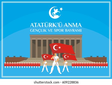 Translation from Turkish: May 19, Ataturk Memorial day, holiday of youth and sport.  A vector illustration by a public holiday of Turkey.