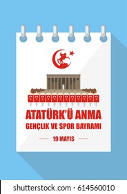 Translation from Turkish: May 19, Ataturk Memorial day, holiday of youth and sport.  A vector illustration by a public holiday of Turkey.