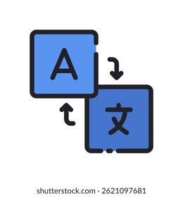 Translation Vector for Multilingual Learning and Language Study – Book and globe icon, dictionary translation concept. Filled Line Icon