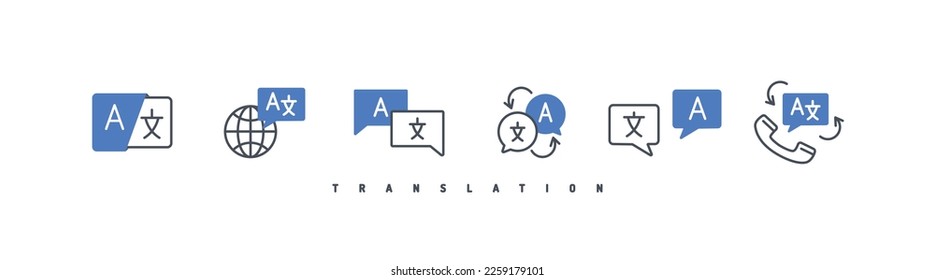 Iconos de aplicación de traductor establecidos. Colección de elementos gráficos para el sitio. Interfaz para programas y aplicaciones. Plantilla, disposición y burla. Ilustraciones de caricaturas de vectores planos aisladas en fondo blanco