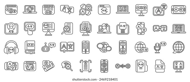 Translator app icons set vector. A collection of icons for various devices and applications. The icons include a laptop, a cell phone, a tablet, a keyboard, a mouse, a computer monitor, a keyboard