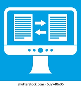 Translator app on the screen of computer icon white isolated on blue background vector illustration