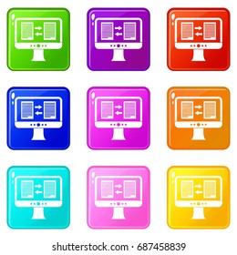Translator app on the screen of computer icons of 9 color set isolated vector illustration