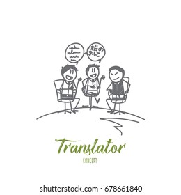 Translator concept. Hand drawn translator in negotiations. Interpreter and speakers isolated vector illustration.