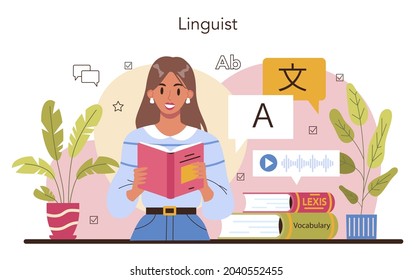 Translator concept. Linguist translating document, books and speach. Multilanguage translator using dictionary, translation service. Isolated vector illustration