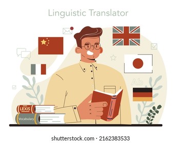 Translator concept. Linguist translating document, books and speach. Multilanguage translator using dictionary, translation service. Isolated vector illustration