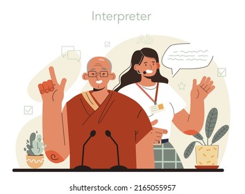 Translator concept. Linguist translating document, books and speach. Multilanguage translator using dictionary, translation service. Isolated vector illustration