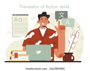 Translator concept. Linguist translating document, books and speach. Multilanguage translator using dictionary, translation service. Isolated vector illustration