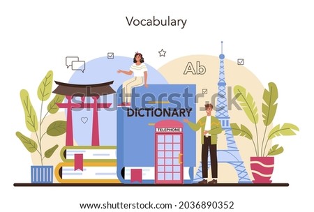 Translator concept. Linguist translating document, books and speach. Multilanguage translator using dictionary, translation service. Isolated vector illustration