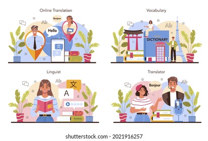 Translator concept set. Linguist translating document, books and speach. Multilanguage translator using dictionary, translation service. Isolated vector illustration