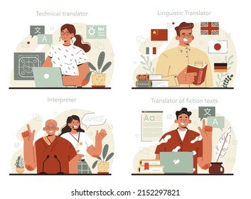 Translator Concept Set. Linguist Translating Document, Books And Speach. Multilanguage Translator Using Dictionary, Translation Service. Isolated Vector Illustration