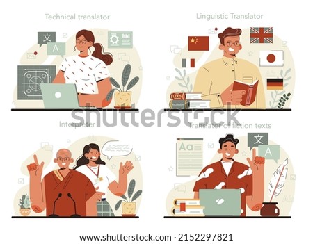 Translator concept set. Linguist translating document, books and speach. Multilanguage translator using dictionary, translation service. Isolated vector illustration