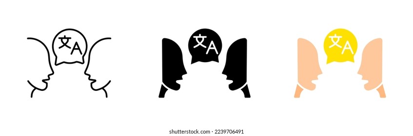 Translator in the conversation set icon. Translate site into language, Correspondence, vocabulary. Dictionary concept. Vector icon in line, black and colorful style on white background