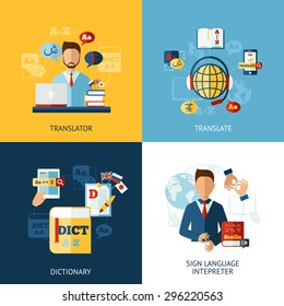 Translator Design Concept Set With Sign Language Interpreter Flat Icons Isolated Vector Illustration