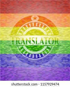 Translator emblem on mosaic background with the colors of the LGBT flag